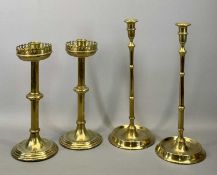 A PAIR OF TALL & SLENDER GEORGIAN-STYLE BRASS CANDLESTICKS 43.5cms H, together with a Victorian-
