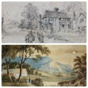 J WORTHINGTON (19th Century) watercolour - figure in lane, cottages and mountains beyond, 18.5 x
