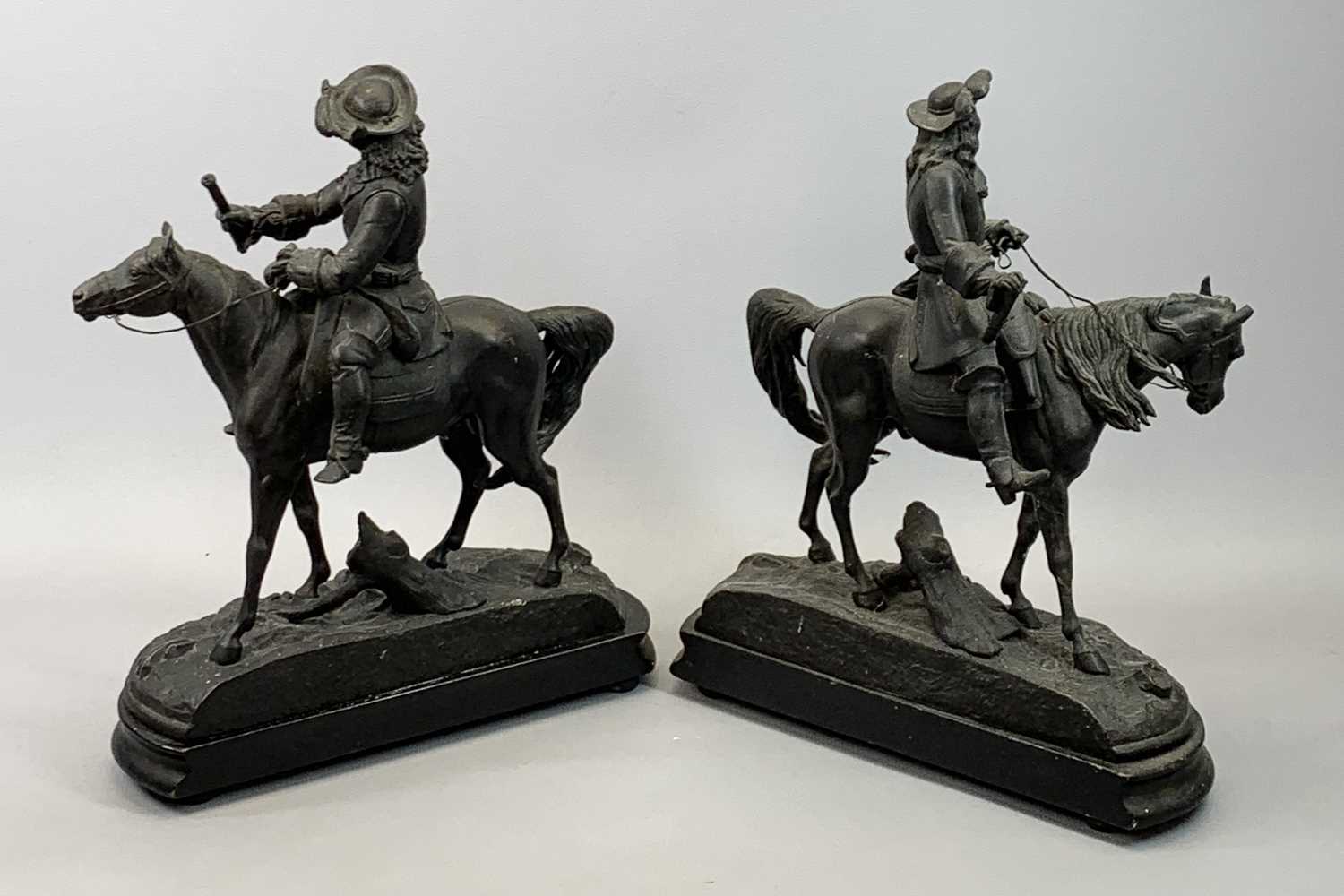 SPELTER FIGURES, A PAIR - late 19th Century, cavaliers on horseback, on oval wooden plinths, 39cms - Image 2 of 2