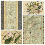 JAPANESE KIMONO SLEEVE PANEL, embroidered with birds, insects and flowers, framed, 59 x 24cms