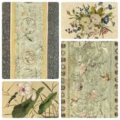 JAPANESE KIMONO SLEEVE PANEL, embroidered with birds, insects and flowers, framed, 59 x 24cms