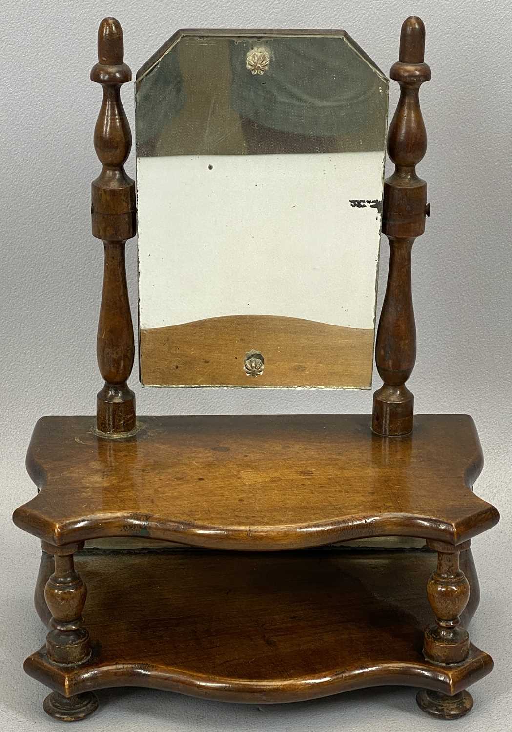 SMALL MAHOGANY TOILET MIRROR WITH SWING PLATE, shaped two-tier base with mirror back, 13cms H; - Image 2 of 2