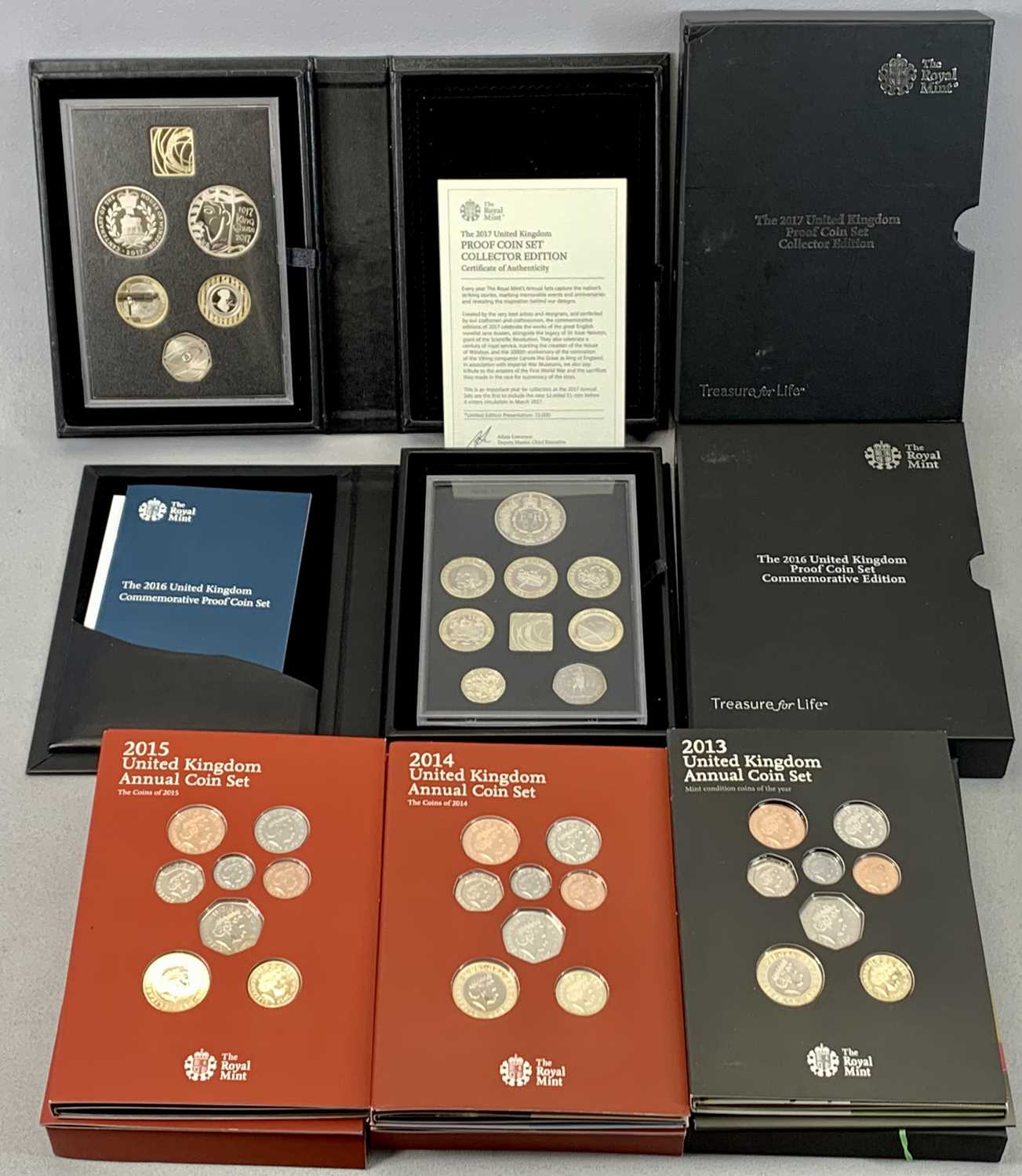 ROYAL MINT ANNUAL & PROOF COIN SETS x 5, 2013 set of 15 coins, 2014 set of 14 coins, 2015 set of