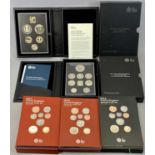 ROYAL MINT ANNUAL & PROOF COIN SETS x 5, 2013 set of 15 coins, 2014 set of 14 coins, 2015 set of