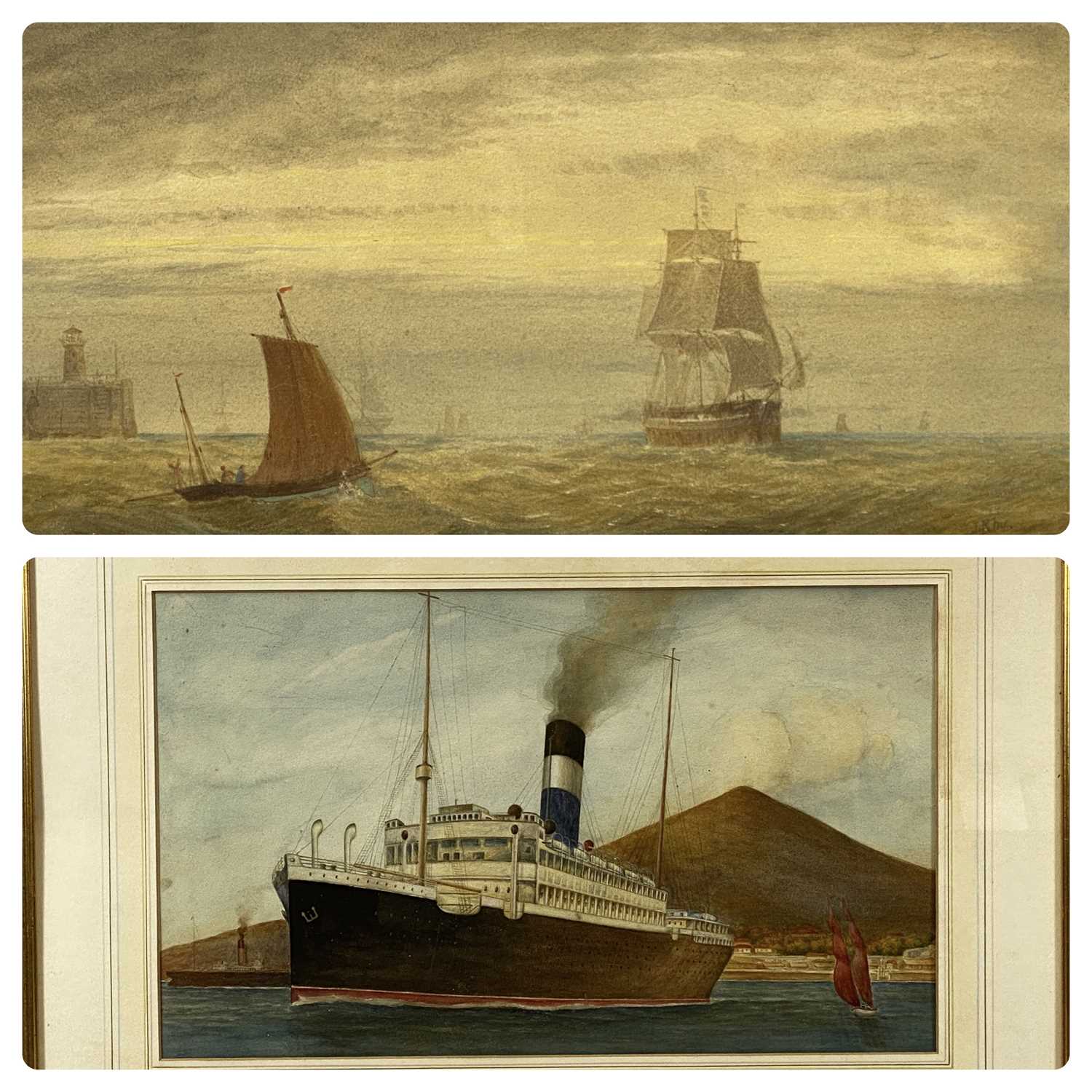 JOHN ROBERT MATHER mid 19th Century watercolour - ships, 19x 36cms, together with an Italian