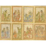 KAMASAN SCHOOL set of eight paintings on cloth - traditional with figures, decorative borders, all