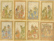 KAMASAN SCHOOL set of eight paintings on cloth - traditional with figures, decorative borders, all