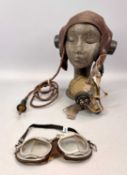 BRITISH ROYAL AIR FORCE WWII PERIOD LEATHER FLYING HELMET, together with goggles, oxygen mask and