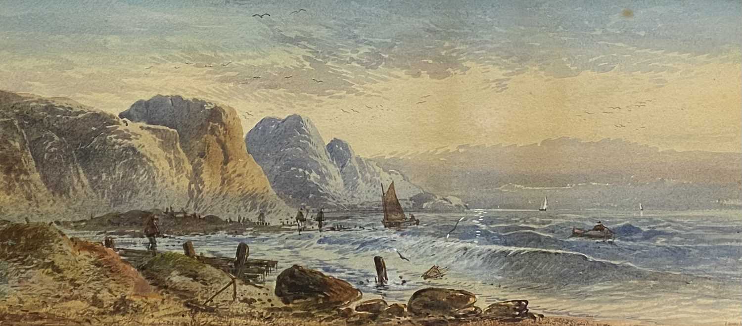 L LEWIS (British 1826-1913) watercolours, a pair - South Coast rocky shorelines with boats and - Image 4 of 7