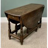 ANTIQUE OAK GATELEG DINING TABLE WITH SINGLE END DRAWER, peg joined construction on turned and block