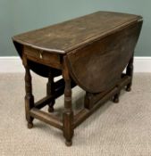 ANTIQUE OAK GATELEG DINING TABLE WITH SINGLE END DRAWER, peg joined construction on turned and block