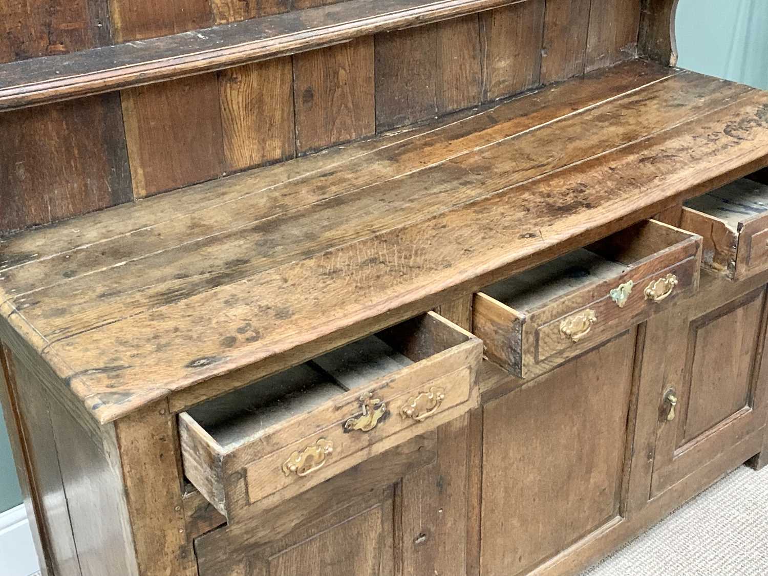 LATE 18TH CENTURY CONWY VALLEY OAK DRESSER having well coloured oak backboards to a shape sided - Image 2 of 5