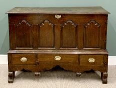 SUBSTANTIAL ANTIQUE OAK MULE CHEST, peg joined construction with planked moulded edge lift up top,