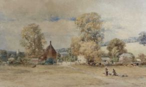 WILLIAM CHARLES GODDARD (exh. 1885) watercolour – village with grazing cattle and figures, signed