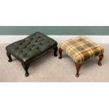 20TH CENTURY FOOTSTOOLS x 2, one in green leather effect button upholstery, 32cms H, 68cms W,