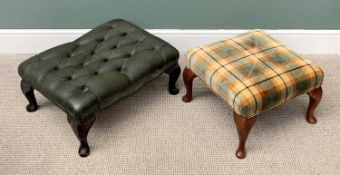 20TH CENTURY FOOTSTOOLS x 2, one in green leather effect button upholstery, 32cms H, 68cms W,