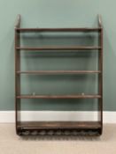 STAINED PINE & MAHOGANY LARGE HANGING WALL RACK, with five shelves and undertier glass rack,