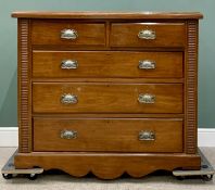 RED WALNUT CHEST OF TWO SHORT OVER THREE LONG DRAWERS, circa 1900, oak lined and all having Art