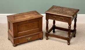 SMALL MAHOGANY MULE CHEST / BIBLE BOX, and a vintage carved oak box seat stool, 37cms H, 45cms W,