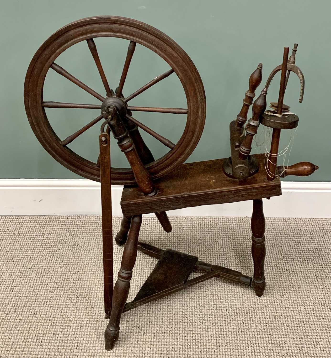LATE 18TH CENTURY MIXED WOOD SPINNING WHEEL, 97cms overall H, 86cms W, 50cms max. D - Image 4 of 4