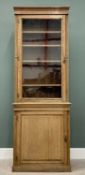 VICTORIAN OAK BOOKCASE CUPBOARD OF SLIM PROPORTIONS, having a single glazed door top with adjustable