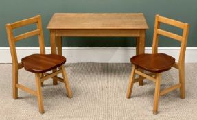 CHILD'S OAK TABLE & TWO CHAIRS mid-20th Century, 56cms H, 85cms W, 44cms D and 66cms H, 33cms W,