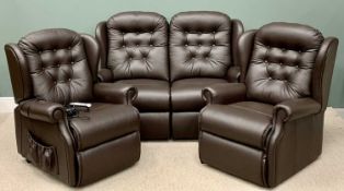 BROWN LEATHER EFFECT THREE-PIECE LOUNGE SUITE, with button upholstered backs, comprising two-
