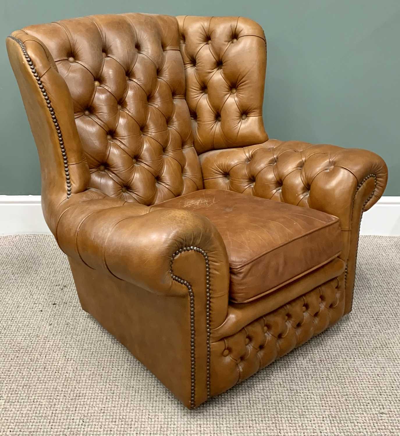 BUTTONED TAN LEATHER FOUR-PIECE WINGBACK SUITE comprising three-seater settee, 92cms H, 192cms W, - Image 8 of 11