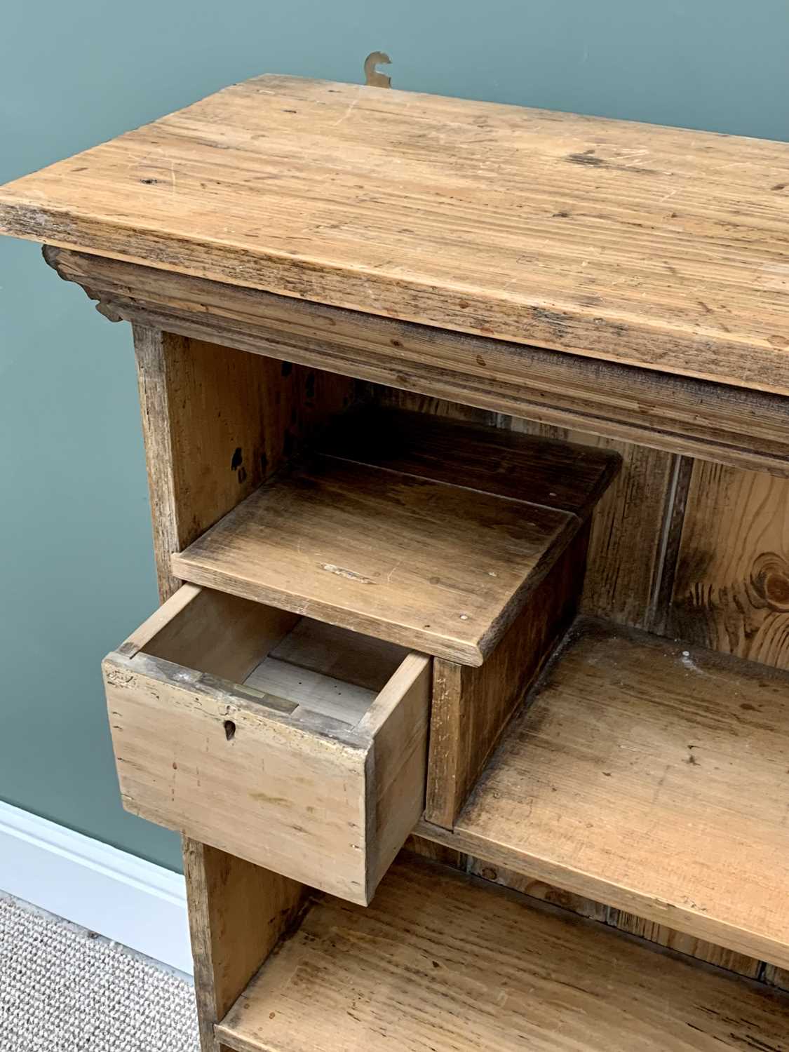 VINTAGE STRIPPED PINE BOOKCASE, with upper shelf single drawer box and shaped front apron, 125cms H, - Image 3 of 4