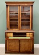 VICTORIAN MAHOGANY SECRETAIRE BOOKCASE, twin upper doors with six individually glazed panels and