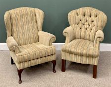TWO VINTAGE ARMCHAIRS both having scroll arms and matching upholstery, one being a wingback armchair