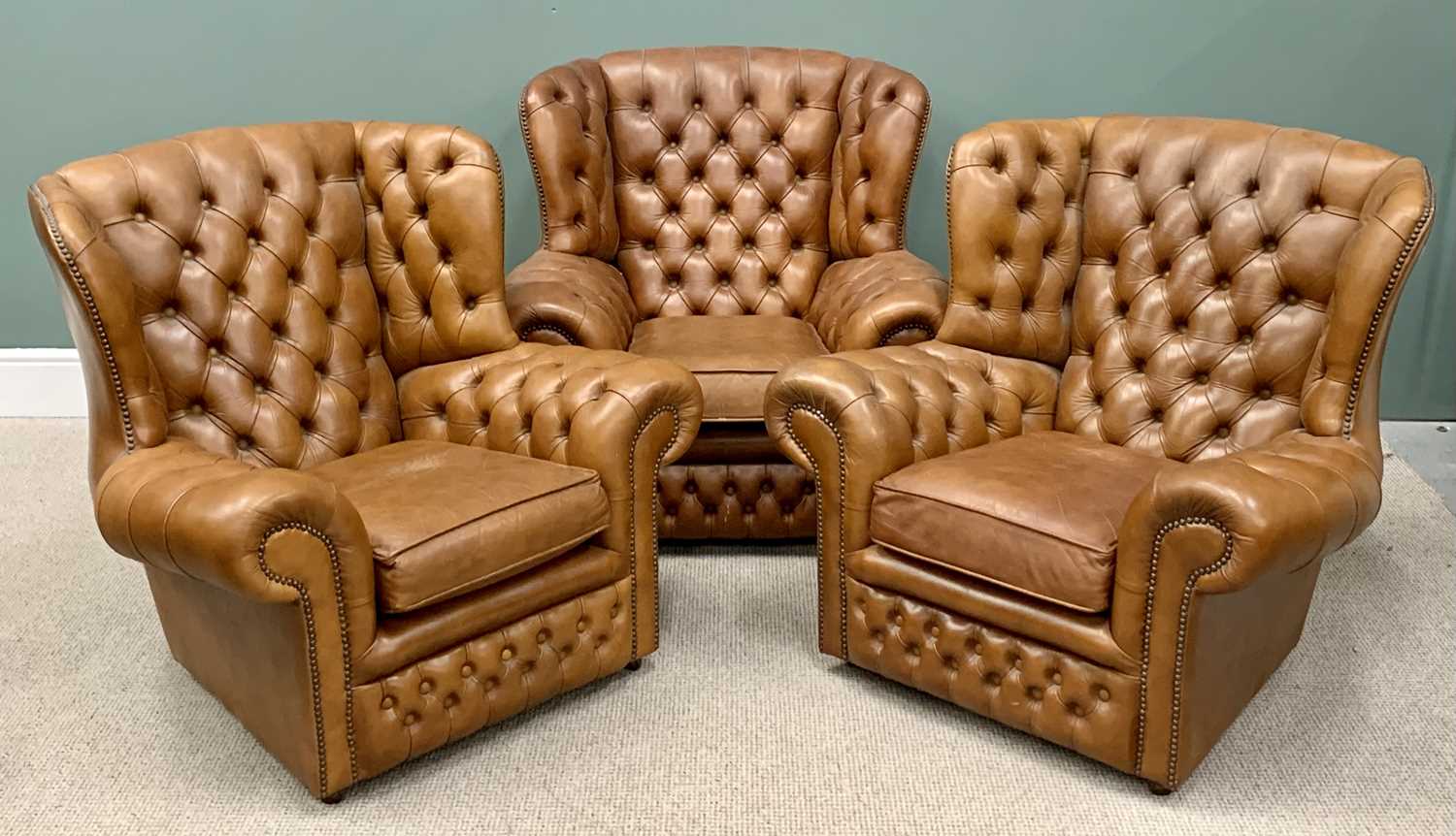 BUTTONED TAN LEATHER FOUR-PIECE WINGBACK SUITE comprising three-seater settee, 92cms H, 192cms W, - Image 5 of 11