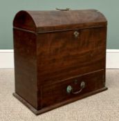 EARLY VICTORIAN MAHOGANY DOMED TOP SILVER BOX with lower front drawer, having brass swing handles to