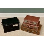 VINTAGE LUGGAGE / STRONGBOX GROUP comprising 3 x graduating sized leather cases, 12cms H, 51cms W,