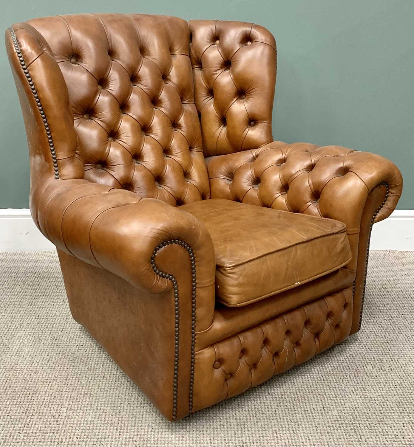 BUTTONED TAN LEATHER FOUR-PIECE WINGBACK SUITE comprising three-seater settee, 92cms H, 192cms W, - Image 6 of 11