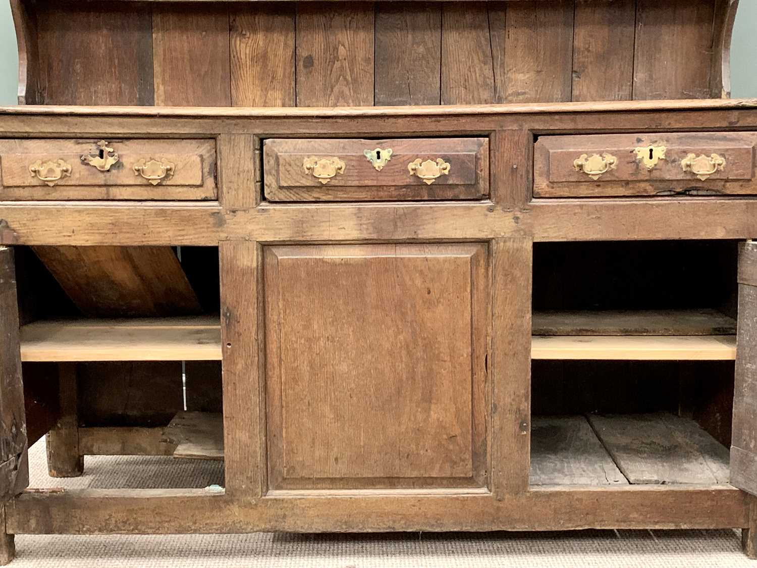 LATE 18TH CENTURY CONWY VALLEY OAK DRESSER having well coloured oak backboards to a shape sided - Image 3 of 5