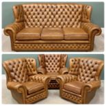 BUTTONED TAN LEATHER FOUR-PIECE WINGBACK SUITE comprising three-seater settee, 92cms H, 192cms W,