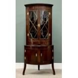 GEORGIAN-STYLE REPRODUCTION MAHOGANY TWO-PIECE BOWFRONT STANDING CORNER CUPBOARD, having a twin door