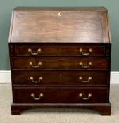 GEORGIAN MAHOGANY FALL FRONT BUREAU, the fall interior fitted with pigeon holes and central cupboard