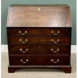 GEORGIAN MAHOGANY FALL FRONT BUREAU, the fall interior fitted with pigeon holes and central cupboard