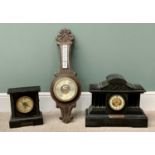 TWO MANTEL CLOCKS & A BAROMETER, the first clock architectural style in black slate with