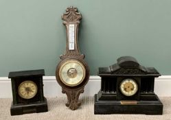 TWO MANTEL CLOCKS & A BAROMETER, the first clock architectural style in black slate with