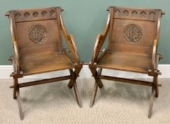 PAIR OF VICTORIAN GLASTONBURY-TYPE OAK ARMCHAIRS, 'IHS' carved detail to the backs with quatrefoil
