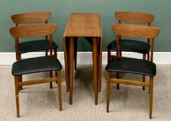 MID-CENTURY TEAK TWIN-FLAP DINING TABLE & FOUR CHAIRS, the table labelled 'Austin Suite', 74cms H,