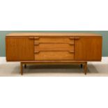 MID-CENTURY AUSTIN SUITE LONG TEAK SIDEBOARD, having three central drawers and twin cupboard