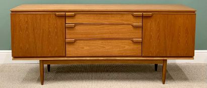 MID-CENTURY AUSTIN SUITE LONG TEAK SIDEBOARD, having three central drawers and twin cupboard