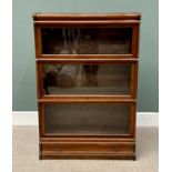 GLOBE-WERNICKE MAHOGANY THREE-SECTION STACKING BOOKCASE, with top cover and lower single drawer