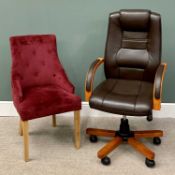 MODERN SCOTTS & CO. OFFICE SWIVEL ARMCHAIR & A BURGUNDY PLUSH UPHOLSTERED BUTTON BACK SIDE CHAIR,