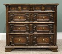CONTINENTAL OAK JACOBEAN-STYLE CHEST OF FOUR LONG DRAWERS, circa 1900, with brass knobs and