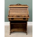 VINTAGE OAK ARTS & CRAFTS-STYLE TAMBOUR FRONT WRITING DESK, having a pierced top rail with shutter